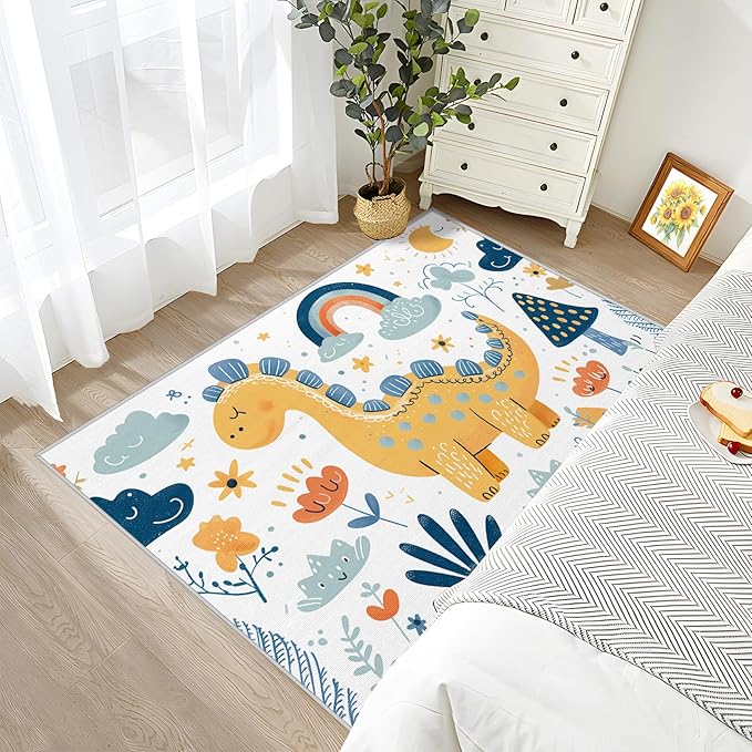 Dinosaur Rug for Nursery - Cartoon Dino Area Rug 5x8, Boys Cute Animal Rugs for Living Room Bedroom, Kids Baby Playroom Carpet - Washable Non Slip Easy Clean, Dinosaur Home Decor & Gifts