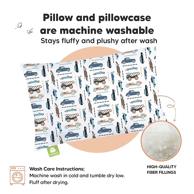 Toddler Pillow with Pillowcase - 13x18 My Little Dreamy Kids Travel Bed Pillows for Sleeping, Organic Cotton Small Pillowcase, Soft & Breathable, Machine Washable, Toddlers 2-5 years old (Vroom)