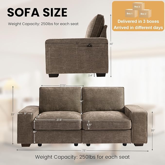TEKAMON 73" Modular Sofa Couch with Seat Storage, Comfy 2-Seater Chenille Fabric Loveseat Sofa for Living Room, Office, Apartment W/Deep Seat, Wide Armrest, USB Charing Removable Cover(Brown)