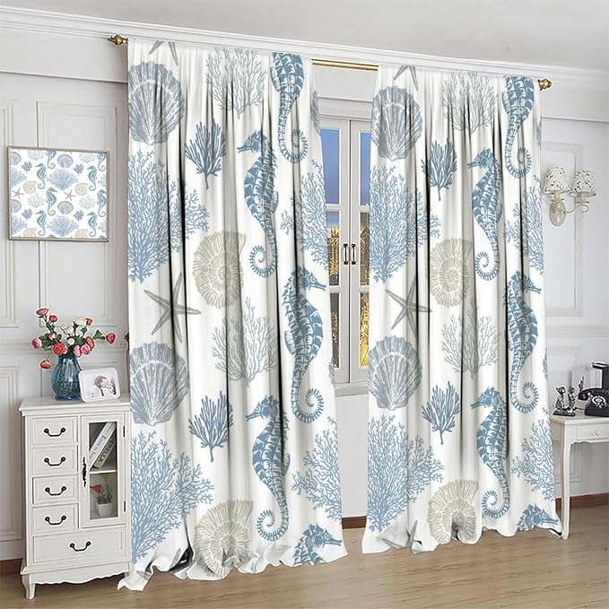 Seahorse Coral Curtains,Starfish Seashell Beach Sea Starfish Seashell Theme Pattern Blackout Print Home Bedroom Living Room Window Treatmen 2 Panel Set 72x63 Inch