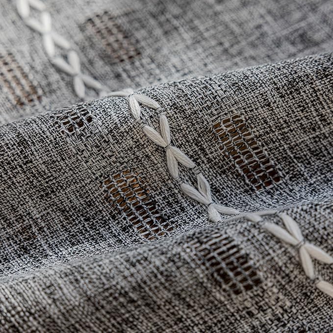 Deeprove Dark Grey Boho Tassel Curtain 96 inches Length for Home Hallway Bedroom Nursery, Bohemian 96 inches Long, Gray Hollow Shabby Chic Stripe Embroidery Privacy Window, W52 x L96, 1 Panel