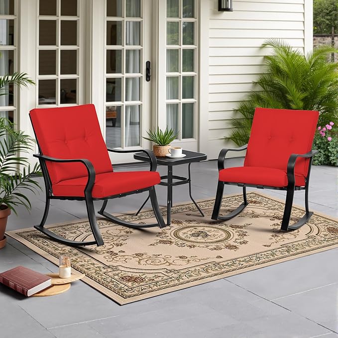 SUNCROWN Outdoor 3-Piece Rocking Chairs Patio Bistro Set Black Steel Furniture with Thickened Cushion and Glass-Top Coffee Table, Red