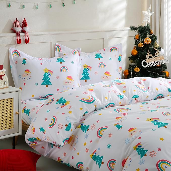 JSD Christmas Kids Duvet Cover Set Twin Size, 2 Piece Printed Microfiber Comforter Cover with Pillow Sham Zipper Closure, Comforter Not Included
