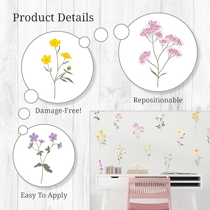 Pastel Wildflower Wall Decals - Set of 22 Vinyl Flower Room Decor Peel and Stick Removable Floral Stickers for Nursery Bedroom Bathroom