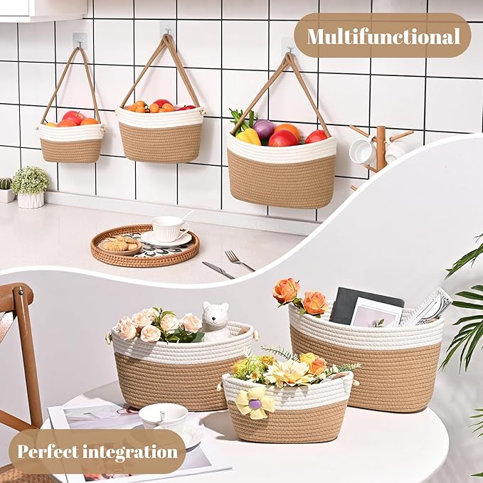 Hanging Storage Baskets, 3-Tier Over the Door Basket, Cotton Wall Baskets Storage, Detachable Hanging Door Basket with 4 Hooks, Over the Door Organizer Nursery for Bedroom, Living Room, Bathroom Wall