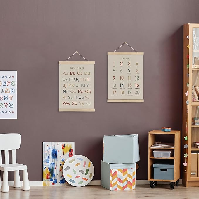 HRQKO Alphabet Numbers Poster Hanger Frame Set of 2, Nursery Wall Decor, ABC Banner Poster Wall Art with Wooden Frames, Alphabet Banner Wall Hanging Decor for Toddler Playroom Nursery, 12x16 Inch