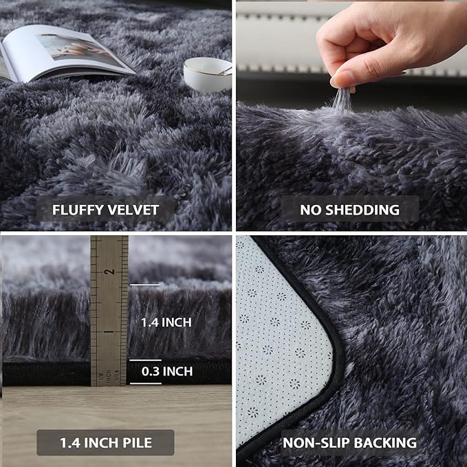 Grey Fluffy Area Rug 5x7 - Ultra Soft Shag Plush Rugs for Bedroom Living Room, Indoor Non-Slip Modern Nursery Faux Fur Floor Carpet for Kids Room,Tie-Dyed Dark Gray,
