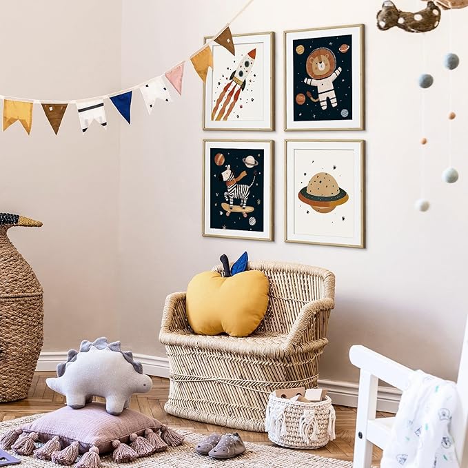 VONTP Space Animal Nursery Kids Wall Art Decor, Space Rocket Planet Lion Zebra Nursery Prints Poster Wall Decorations for Kids Girls Boys Toddler Room Bedroom Playroom, 8x10 Inch Set of 4 (Unframed)