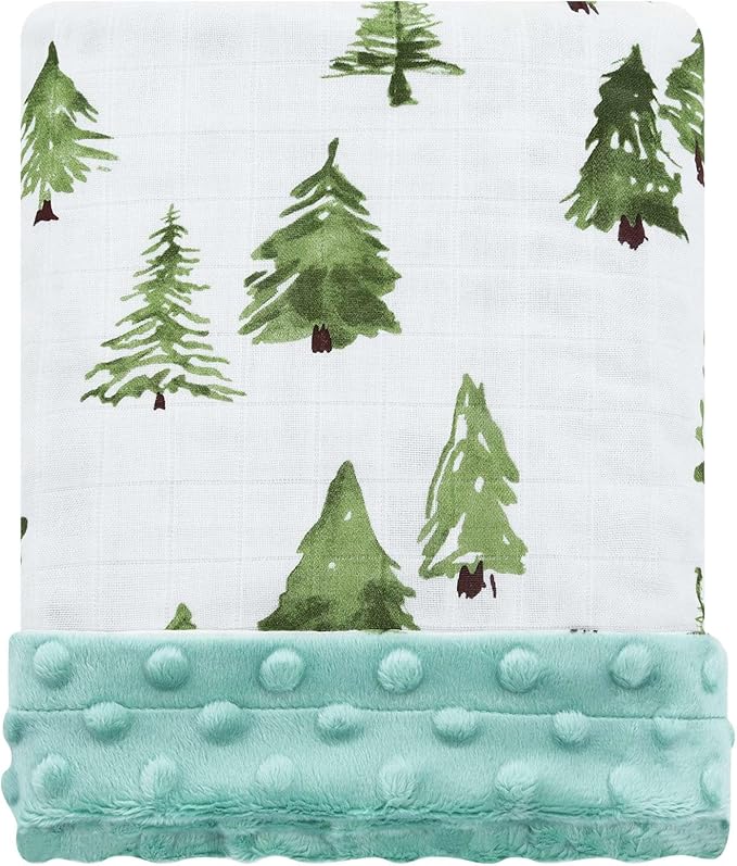 LifeTree Baby Blankets for Newborn, Soft & Lightweight Swaddle Blankets, Muslin Front and Dotted Fleece Backing Receiving Bed Throw Blanket Unisex, 31X40 Inches, Baby Girl & Boy Blanket, Pine Tree
