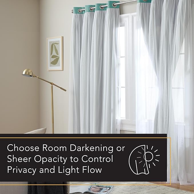 TOWN & COUNTRY LUXE Talia Double Layer Indoor Curtains, Sheer and Room Darkening Blackout, Grommet Top, Energy Efficient, 2-Pack Set, 52"x96", Turquoise