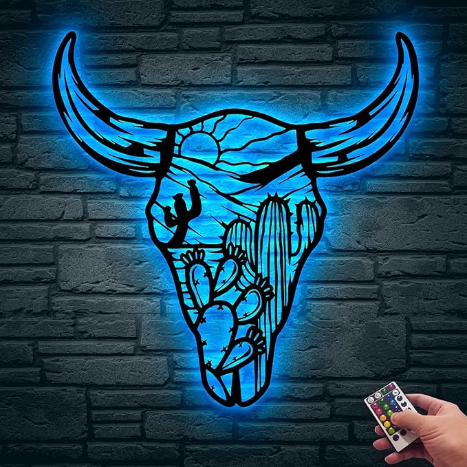 Skull Desert Metal Wall Art LED Light Floral Boho Buffalo Longhorn Sign Home Decor Heifer Barn Nursery Decorat Wall Hanging Home Decor Birthday Xmas Gift