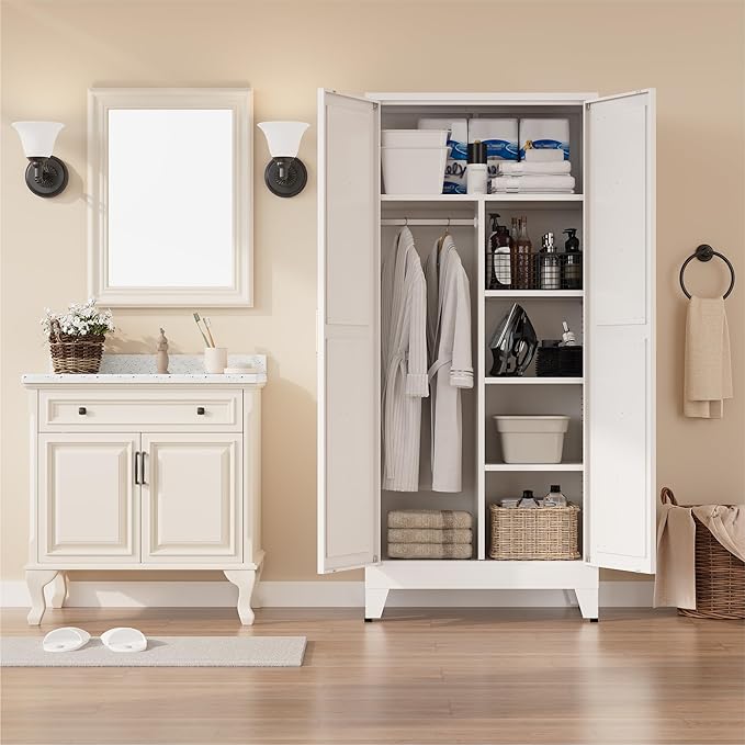 Metal armoire Wardrobe Closet with Hanging Rod,71'' Metal Wardrobe Cabinet with 2 Doors and 4 Adjustable Shelves, Bedroom armoires,Laundry Room cabinets,armario de ropa Closet(Modern, White)