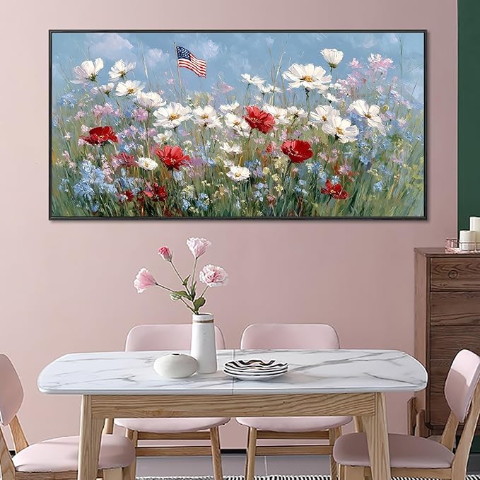Large Framed American Flag Wildflower Wall Art for Living Room, Patriotic Flower Field Canvas Prints Paintings Artwork, Rustic Farmhouse Floral Landscape Pictures for Hallway Office Wall Decor 28"x58"