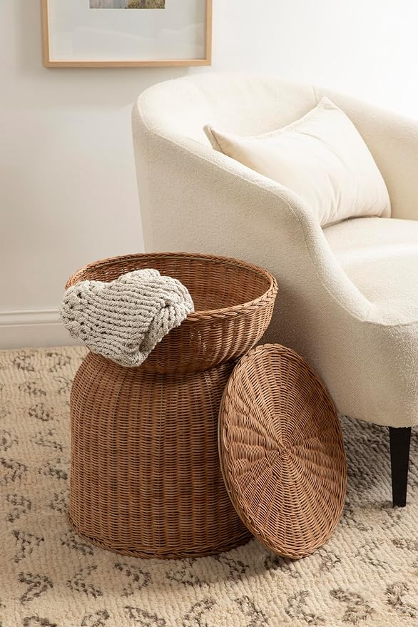 Kate and Laurel Thatch Modern Woven Rattan Round Storage Side Table, 17 x 17 x 21, Natural Rattan, Lift-Top End Table for Use as Hidden Storage Basket, Nursery Toy Storage, or Small Laundry Hamper