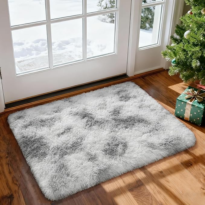 Merelax 2x3 Small Rug for Bedroom Livingroom Mini Space Home Decor, Modern Indoor Shaggy Plush Fluffy Furry Fur Rugs Comfy Nursery Kids Room Floor Carpet, Tie-Dyed Light Grey