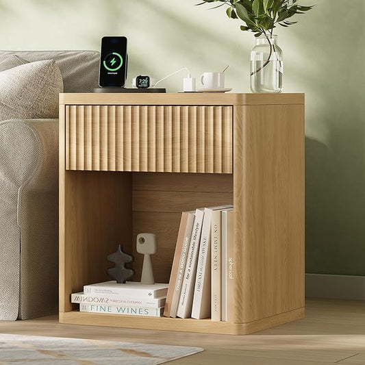 Fluted Nightstand with Charging Station, 21.7" Wide Modern Bedside Table with 1 Drawers Open Storage Cabinet, Wooden End Table for Bedroom, Natural Oak