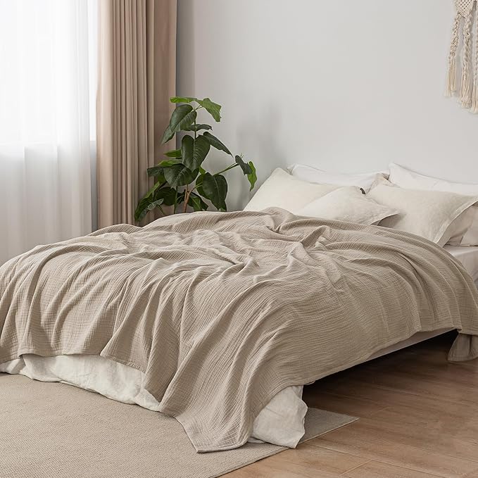 PHF 100% Cotton Muslin Blanket Queen Size 90"x90", 4-Layer Lightweight Gauze Throw, Breathable Cloud-Soft Minimalist Blanket for Bed, Couch, Camping & Baby, Taupe, Ideal Gift