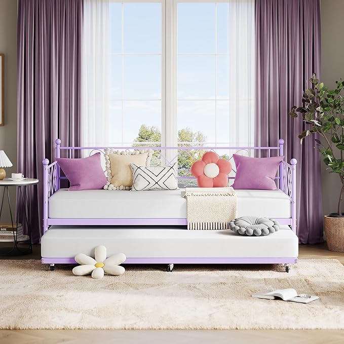 Daybed with Trundle, Trundle Bed Twin with Heart-shaped Headboard for Kids, Sturdy Metal Day Bed with Steel Slat Support, Twin Daybed for Living Room, Bedroom and Guest Room, Easy Assembly, Purple