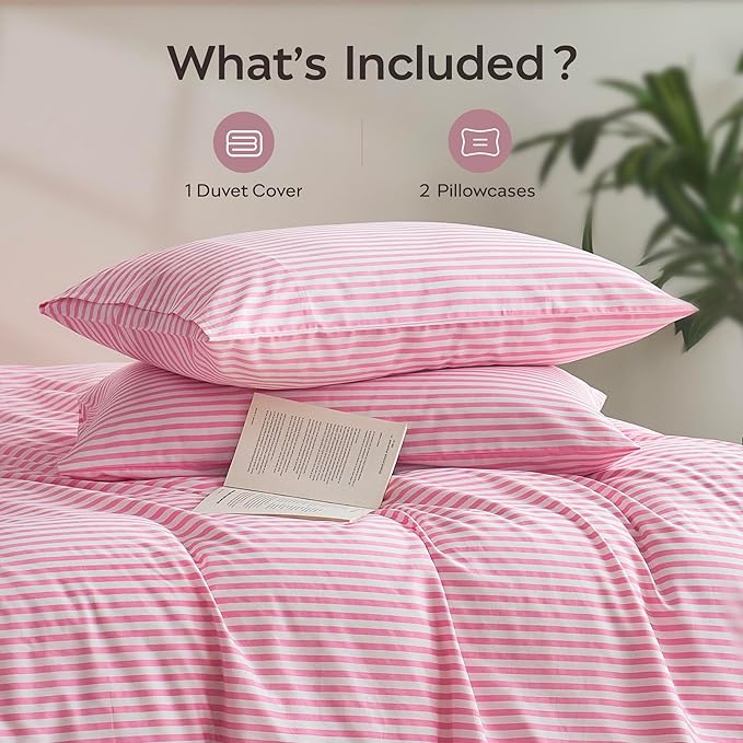 JELLYMONI Full Duvet Cover Set, Cotton Duvet Cover 2 Pieces with Zipper Closure, 1 Duvet Cover and 2 Pillowcases(Pink with White Striped)