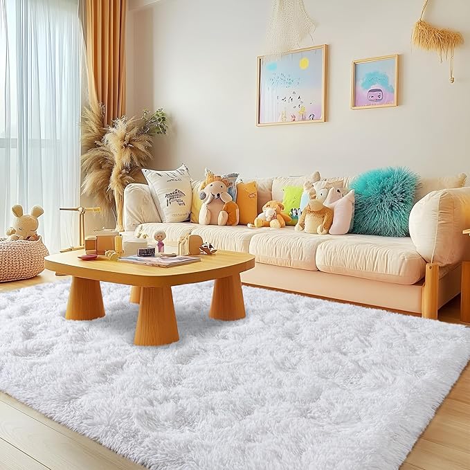 Fluffy 4x6 Area Rug–1.4" High-Pile Plush Carpet, Fuzzy Nursery Rugs for Bedroom, Soft Throw Rug for Living Room–White