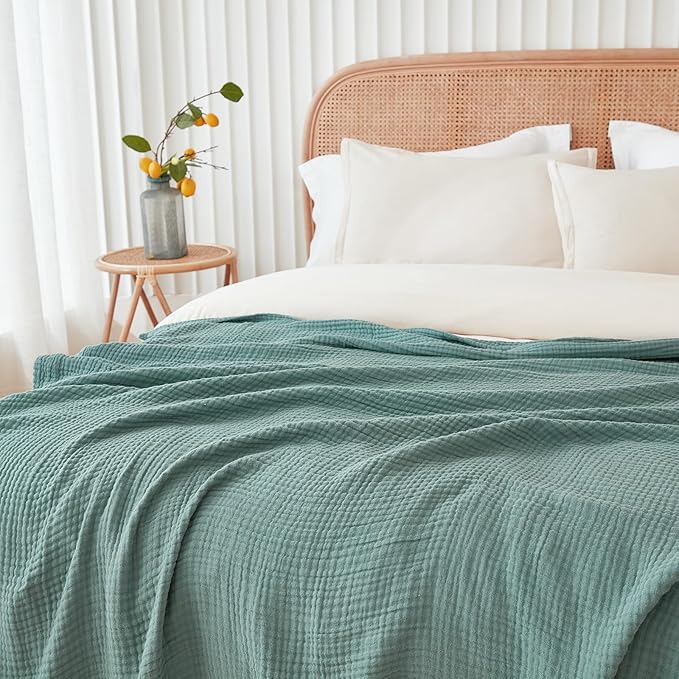 EMME Cotton Muslin King Blanket Big Oversized Bed Layering Bedspread Coverlet Breathable Gauze Soft Lightweight Blankets (Teal, 120"x94")