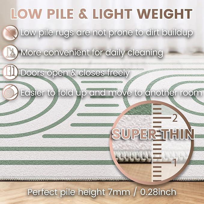 Washable 4x6 Modern Area Rug for Living Room, Sage Green Minimalist Artistic Abstract Large Rug, Ultra Thin Low Pile Lightweight Soft Indoor Carpet with Nonslip Backing for Home Bedroom Kids Play Room