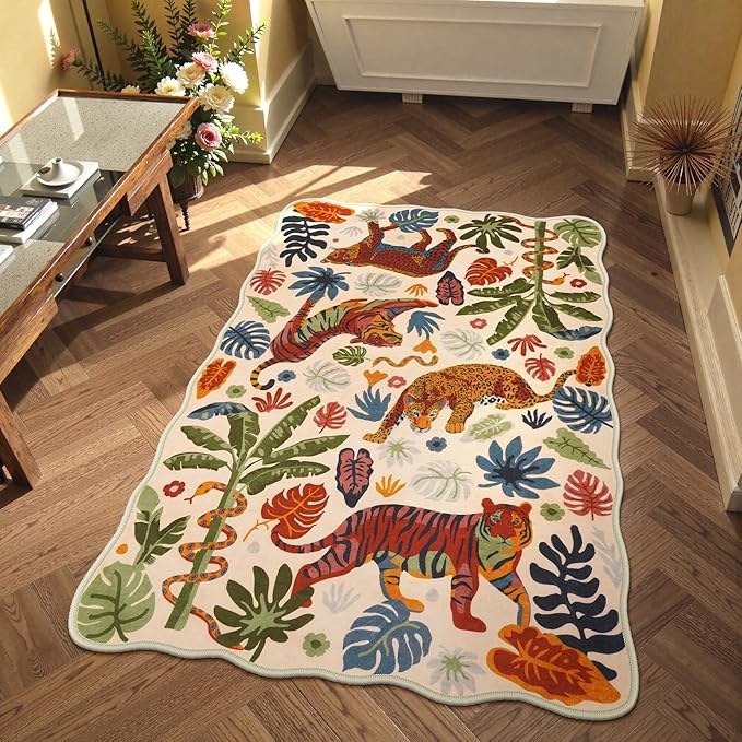 LEEVAN 3x5 Bedroom Rug Washable Tiger Kitchen Rugs Non Slip Beige Entryway Mat Scalloped Office Floor Pad Leopard Living Room Rug Low Pile Playroom Carpet Jungle Kids Mat