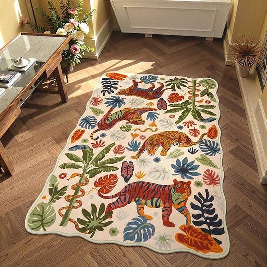 LEEVAN 3x5 Bedroom Rug Washable Tiger Kitchen Rugs Non Slip Beige Entryway Mat Scalloped Office Floor Pad Leopard Living Room Rug Low Pile Playroom Carpet Jungle Kids Mat
