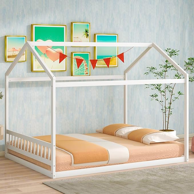 Bellemave Queen House Bed with Roof Wood Montessori Floor Beds for Kids Wood House Floor Bed Frame for Girls Boys Teens Adults, No Spring Box Needed, White
