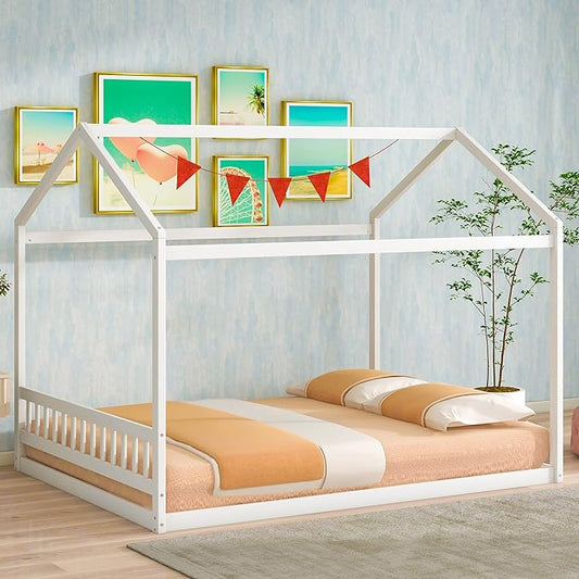 Bellemave Queen House Bed with Roof Wood Montessori Floor Beds for Kids Wood House Floor Bed Frame for Girls Boys Teens Adults, No Spring Box Needed, White