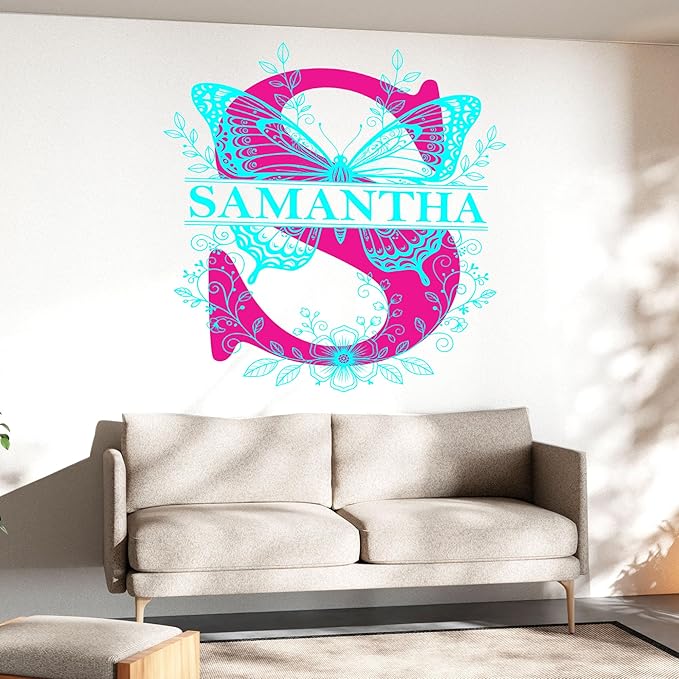 Custom Butterfly Name Wall Decal Personalized Floral Alphabet Letters Transparent DTF Vinyl Removable Nursery Wall Decals for Baby Kids Room, Teen Bedroom, Window, Cute Home Decor Gifts