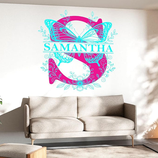 Custom Butterfly Name Wall Decal Personalized Floral Alphabet Letters Transparent DTF Vinyl Removable Nursery Wall Decals for Baby Kids Room, Teen Bedroom, Window, Cute Home Decor Gifts