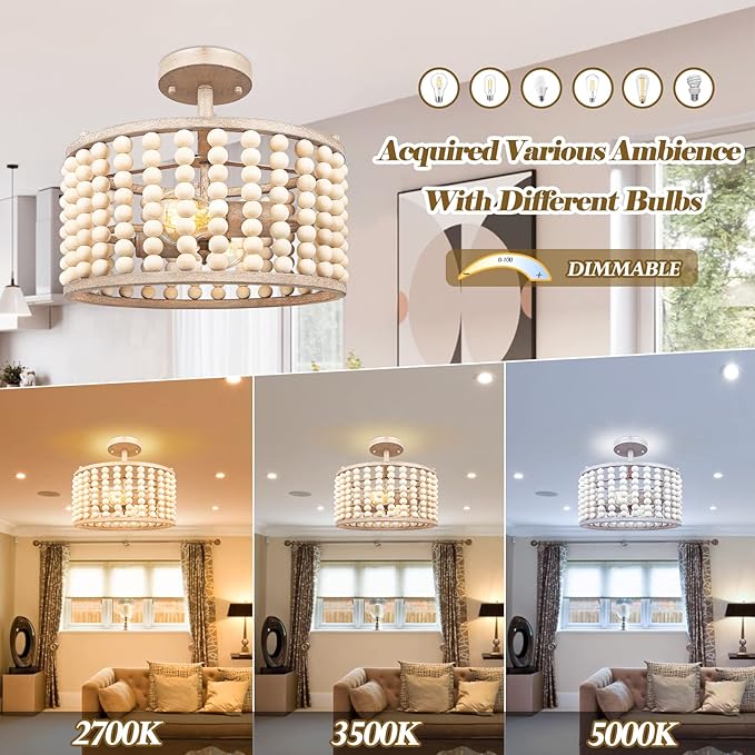 Wood Beaded Boho Ceiling Light Fixture - Vintage Semi Flush Mount Chandelier, 2-Light Bohemian Beaded Nursery Light Fixture for Kids, Living Room, Bedroom, Kitchen Island, Entryway, E26 Socket