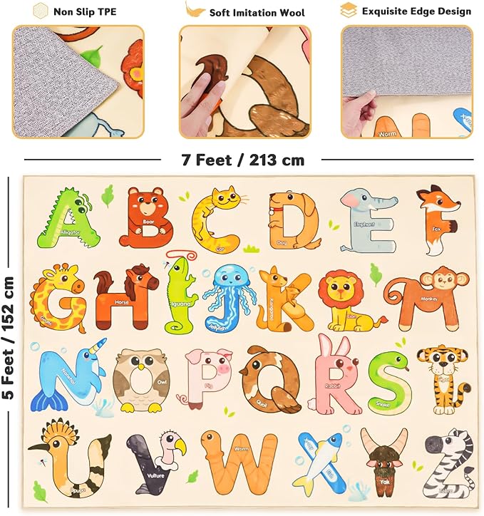 Kids Rugs for Playroom, 5x7 Feet Educational Rug for Learn The ABC Alphabet, Soft Machine Washable Non-Slip Cute Animal Carpet for Classroom Toddler Nursery Kids Room Decor Mat, Beige