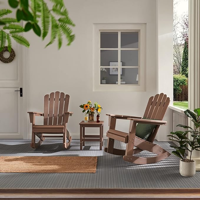 Psilvam Outdoor Adirondack Patio Rocking Chair, Poly Lumber Porch Rocker with High Back, Outdoor Rocking Chairs Set of 2 (Brown)