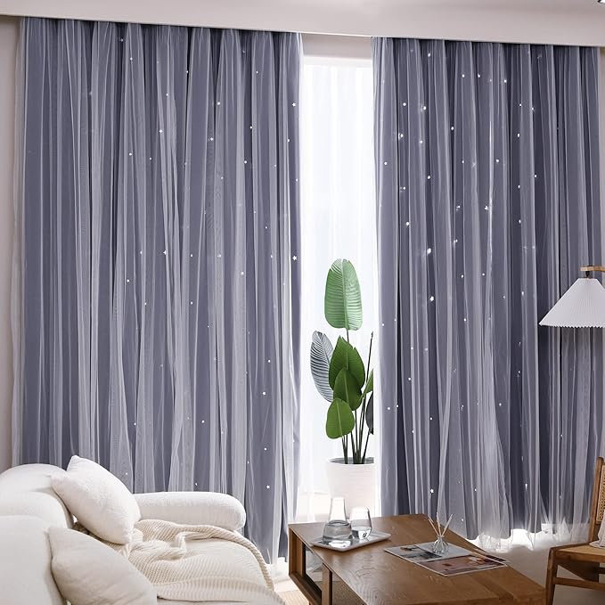 Kinryb Kids Star Cutout Curtains for Bedroom/Living Room/Classroom,2 Free Tiebacks Sheer Overlay 2 Panel Set, Double Layer Curtains for Kids Room(Each Piece W70xL84 Inches 2 Pcs Navy Blue)