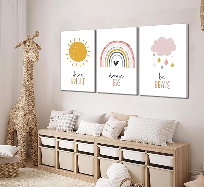 3 Pcs Boho Nursery Canvas Wall Art Dream Big Be Brave Shine Bright Bohemia Sun Rainbow Pictures Kids Wall Decor Poster Print Artwork for Boys Girls Bedroom Children Room Home Decoration