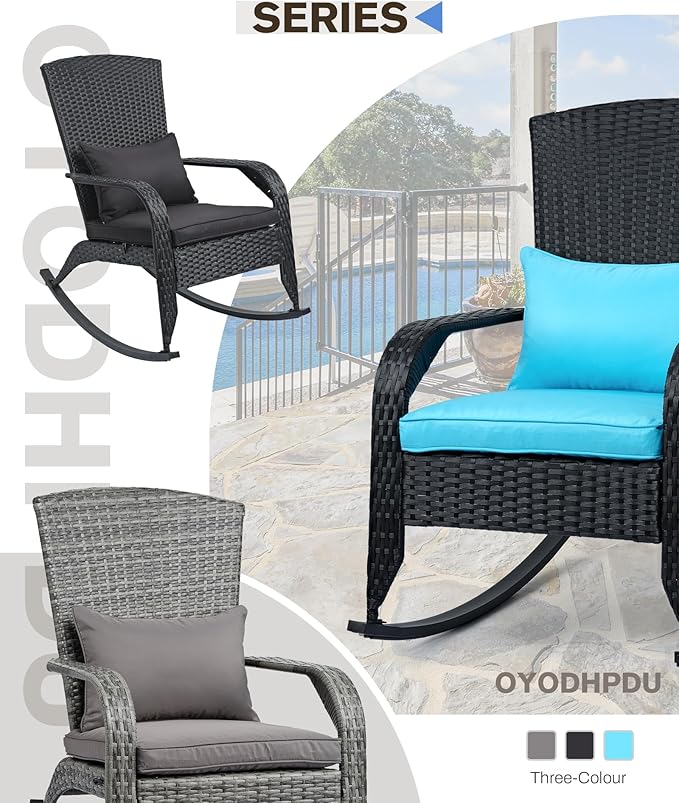 Outdoor Rocking Chair Set of 2- Outdoor Rattan Rocker Chair with Heavy-Duty Steel Frame- All Weather Rocker Chair for Garden, Porch, Poolside, Backyard (Black and Blue, 320lbs)
