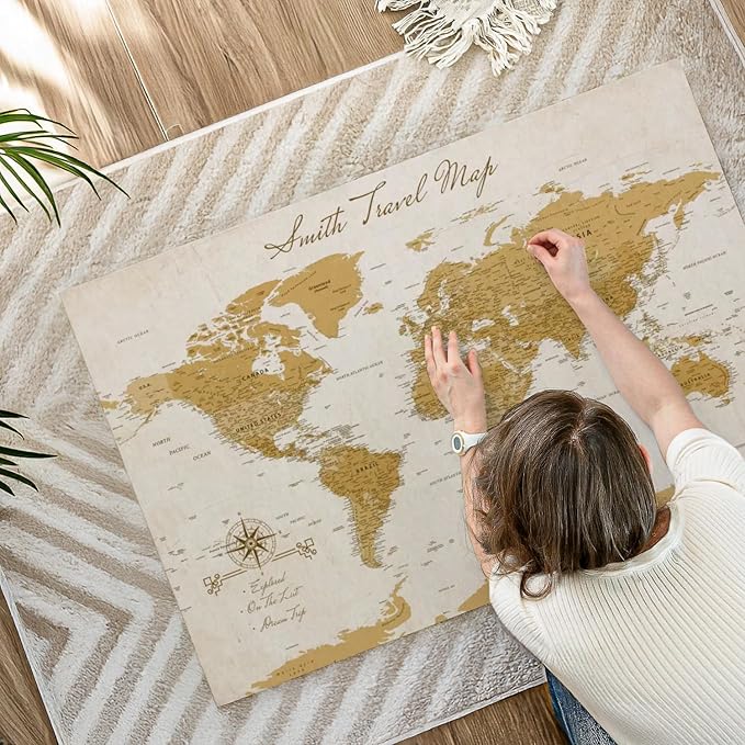 ElephantStock - Personalized Travel Push Pin World Map Wall Art - Horizontal Canvas Wall Art - Living Room Wall Decor - Digital Art Map Canvas Art - Orange And Beige Decor - 45" x 30"