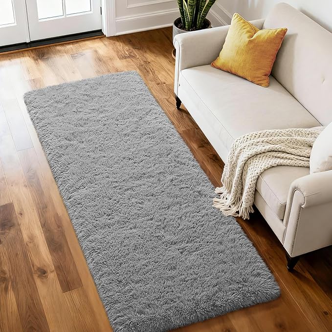 Merelax Soft Area Rug Fluffy Rugs for Living Room Bedroom Decor, 2x6 Runner Rugs for Hallway, Shag Furry Bedside Rug Indoor Accent Floor Carpet, Non-Slip Plush Rug for Nursery Kids Room Dorm, Grey