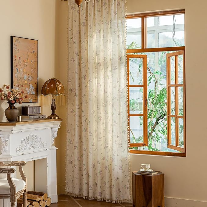 OYX Purple Boho Floral Curtains 63 Inch Length 2 Panels for Living Room, Bedroom Light Filtering Drapes, Farmhouse Country French Rustic Tassels Patterned Rod Pocket Aesthetic Decor Window Treatments