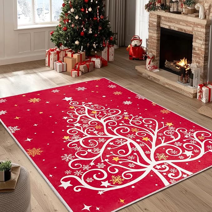 5x7 Machine Washable Christmas Area Rug, Non-Slip Floor Rugs for Kids, Low Pile Room Carpet for Living Room, Bedroom, Dining Room & Nursery(5x7 Christmas Tree)