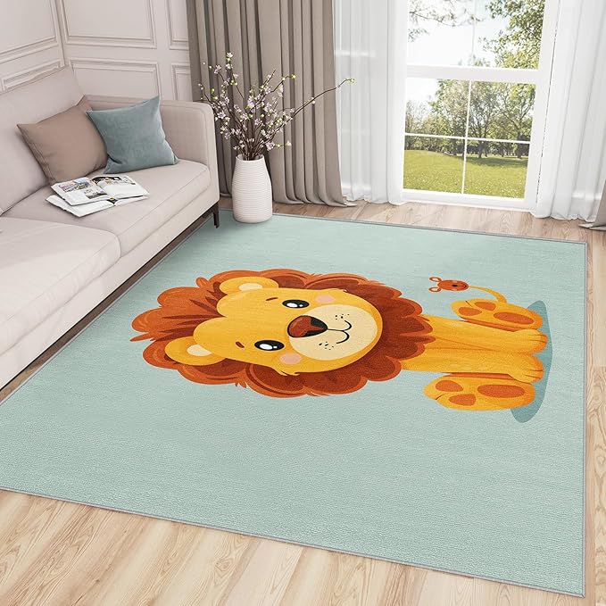 Lion Rug 5x7-6x9 Rug - Lion Rug - Cartoon Cute Zoo Animal Area Rug - Kids Baby Nursery Rugs - Safari Playroom Carpet - Home Decor
