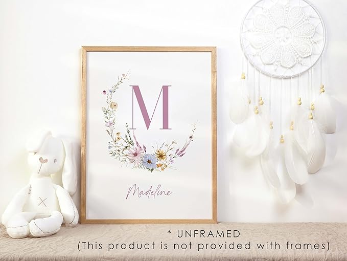 Personalized Name Flower Nursery Wall Art Prints, Crib & Nursery décor, Newborn Baby Girl Gift Present, Floral Baby Girl Room Pictures, Poster For Baby And Kids (1 Print, Flower 6)