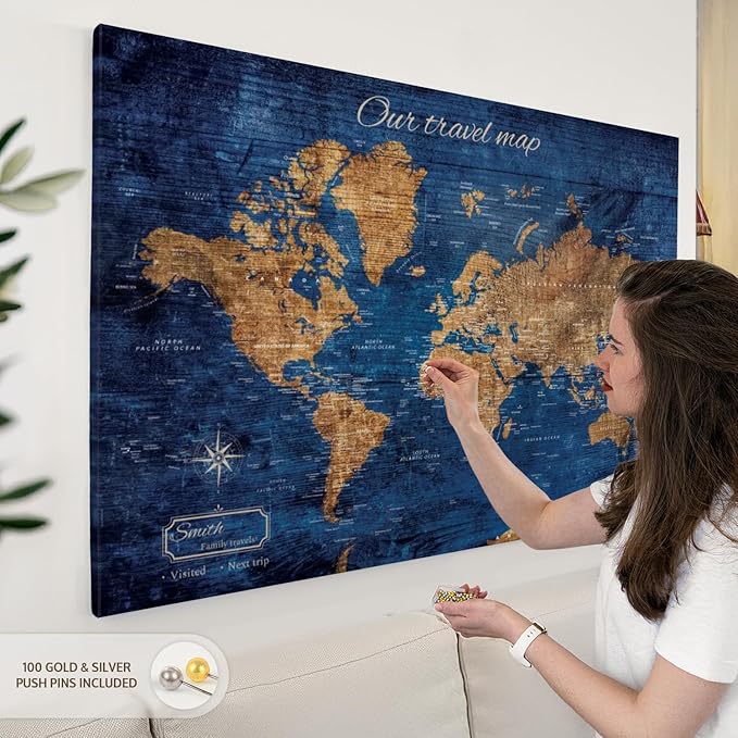 ElephantStock - Personalized Our Travel I Push Pin World Map Wall Art - Horizontal Canvas Wall Art - Living Room Wall Decor - Digital Art Map Canvas Art - Brown And Blue Decor - 51" x 34"