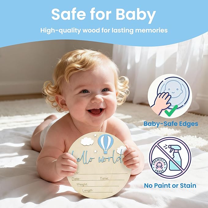 Baby Announcement Sign with Pen, 5.9 Inch Wooden Hello World Newborn Sign for Hospital, 3D Birth Announcement Board, Welcome Baby Name Signs for Nursery, Newborn Boy & Girl,Blue Balloon