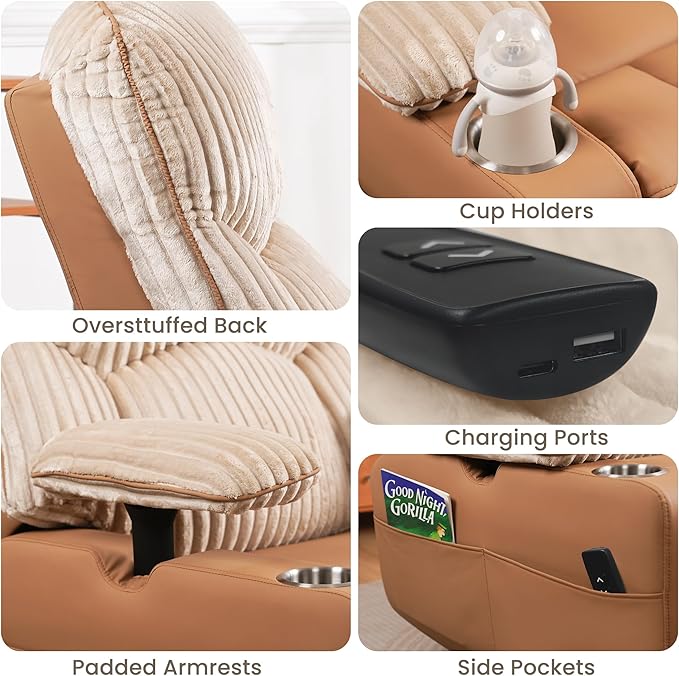 SUNWAVE Power Nursery Rocking Chair with Adjustable Armrests, Nursing Chair with USB, Cup Holders & Blanket, Swivel Rocker Recliner with Corduroy and PU Leather Mixed Fabric (Brown)