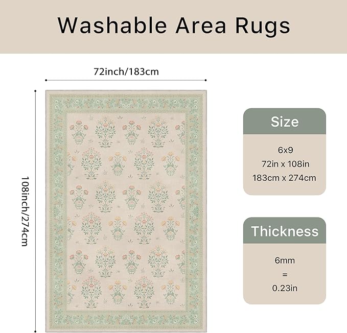 GENIMO Green Floral Area Rug for Living Room, 6x9 Washable Rug Vintage Boho Area Rug with Non-Slip Backing, Soft Carpet for Indoor Bedroom, Dining Room,Girls Kids Room and Nursery Room