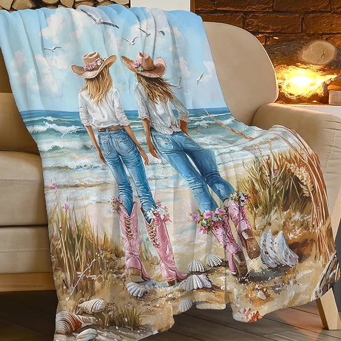 Coastal Cowgirl Blanket Cowgirl Beach Decor Throw Blanket Super Soft Flannel Lightweight Fluffy Plush Fuzzy Fleece Western Blanket Gifts for Girl Woman Boys Kids Adults Man for Bed Sofa 40"X50"