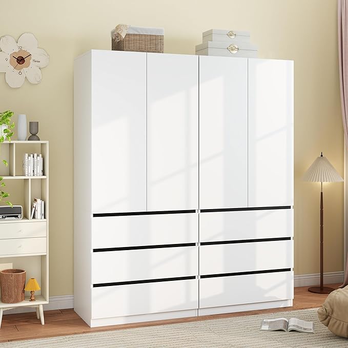 Armoire Wardrobe Closet with Drawers：75" Large White Wardrobe Closet Cabinet with 4 Doors for Hanging Clothes, Modern Wooden Bedroom Armoires with 6 Drawers and Storage (B+B, 63")